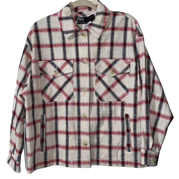 NEW Zara Cream Red Black Plaid Overshirt Shacket Jacket NWT - Picture 12 of 14